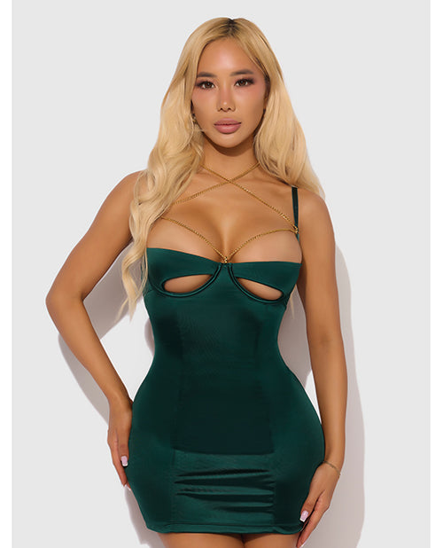 House of Desire Evangeline Satin & Chain Open Cup & Back Chemise & G-String Set - Green XL