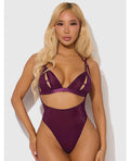 House of Desire Yasmine Shimmer Mesh Slit Cup, Backless Teddy & Bralette Set - Burgundy 1X/2X