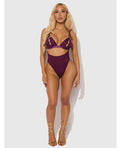 House of Desire Yasmine Shimmer Mesh Slit Cup, Backless Teddy & Bralette Set - Burgundy 3X/4X - Image 3