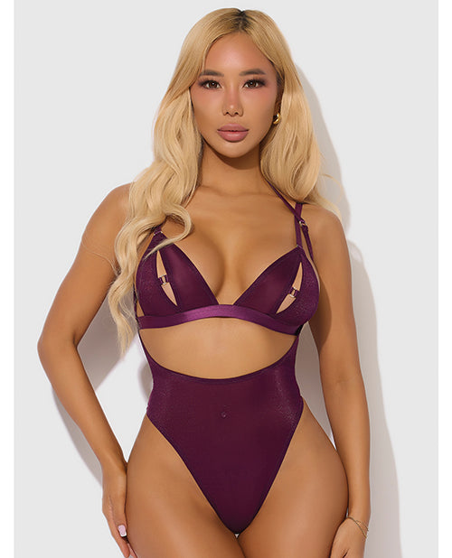 House of Desire Yasmine Shimmer Mesh Slit Cup, Backless Teddy & Bralette Set - Burgundy LG