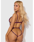 House of Desire Yasmine Shimmer Mesh Slit Cup, Backless Teddy & Bralette Set - Burgundy LG - Image 2