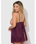 House of Desire Yasmine Shimmer Mesh O-Ring Slit Cup Babydoll & G-String Set - Burgundy 3X/4X - Image 2