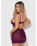 House of Desire Yasmine Shimmer Mesh O-Ring Thigh Garter Chemise & G-String Set - Burgundy 1X/2X - Image 3