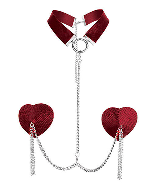 Nipplicious Nipplicious Dominatrix Leather Collar & Pasties w/Chain - Red