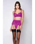 iCollection Lingerie Soft Lace Bra, High Waist Satin & Mesh Garterbelt & G-String Fuchsia XL