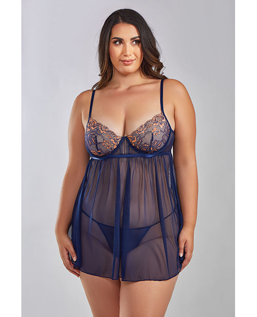 iCollection Lingerie Jennie Cross Dyed Galloon Lace & Mesh Babydoll Navy 2X