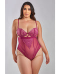 iCollection Lingerie Quinn Cross Dyed Galloon Lace & Mesh Teddy Wine 3X