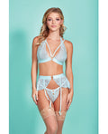 Glitter Mercedes Cross Dyed Galloon Lace Strappy Halter Bra, Garter Skirt & G-String Light Blue SM
