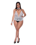 Exposed Dress Up Full Service Lace Deep V Teddy w/Collar & Wrist Cuffs Black/White QN - Image 2