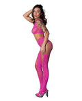 Exposed Seamless Blacklight Reflective Bralette w/G-String & Garter Stocking 3 pc Set - Pink O/S - Image 2