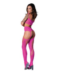 Exposed Seamless Blacklight Reflective Bralette w/G-String & Garter Stocking 3 pc Set - Pink O/S - Image 3
