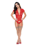 Exposed Ooh La Lace Cap Sleeve Basque & Tanga Panty Red S/M