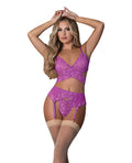 Exposed Butterfly Fantasies Cross Over Bralette w/Thong and Garter 3 pc Set - Neon Purple L/XL