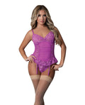 Exposed Butterfly Fantasies Gathered Corset w/Cheeky Panty & Attached Garters 2 pc Set - Neon Purple L/XL