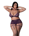Exposed Leather & Lace Stretch Mesh and Lace Bralette w/Garter & Thong 3 pc Set - Plum 2X - Image 6