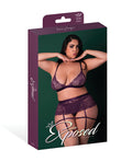 Exposed Leather & Lace Stretch Mesh and Lace Bralette w/Garter & Thong 3 pc Set - Plum 2X - Image 5