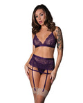 Exposed Leather & Lace Stretch Mesh and Lace Bralette w/Garter & Thong 3 pc Set - Plum L/XL