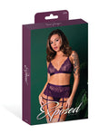 Exposed Leather & Lace Stretch Mesh and Lace Bralette w/Garter & Thong 3 pc Set - Plum S/M - Image 4