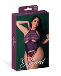 Exposed Leather & Lace Stretch Mesh and Lace Underboob Cutout Corset & Panty 2 pc Set - Plum 2X - Image 4