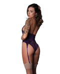 Exposed Leather & Lace Stretch Mesh and Lace Underboob Cutout Corset & Panty 2 pc Set - Plum L/XL - Image 4