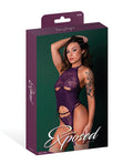 Exposed Leather & Lace Stretch Mesh and Lace Underboob Cutout Corset & Panty 2 pc Set - Plum S/M - Image 5