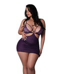 Exposed Leather & Lace Stretch Mesh and Lace Chemise w/Thong 2 pc Set - Plum 2X