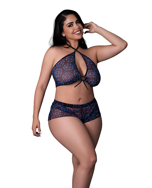 Exposed Hazy Dayz Butterfly Blacklight Reflective Halter Top & Short 2 pc Set - Black Multi QN