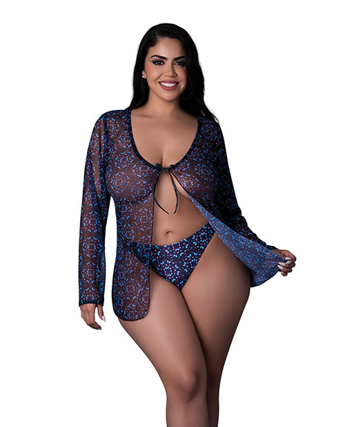 Exposed Hazy Dayz Butterfly Blacklight Reflective Tie Front Top & Thong 2 pc Set - Black Multi QN