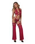 Exposed Black Cherry Plunge Top w/Removable Chaps & Cheeky Panty Set - Red L/XL