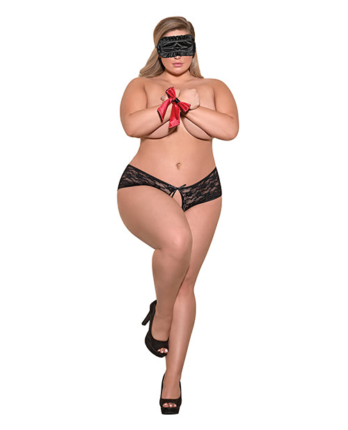 Exposed Love & Bondage Split Back Lace Booty Short, Blindfold & Wrist Ties Black QN