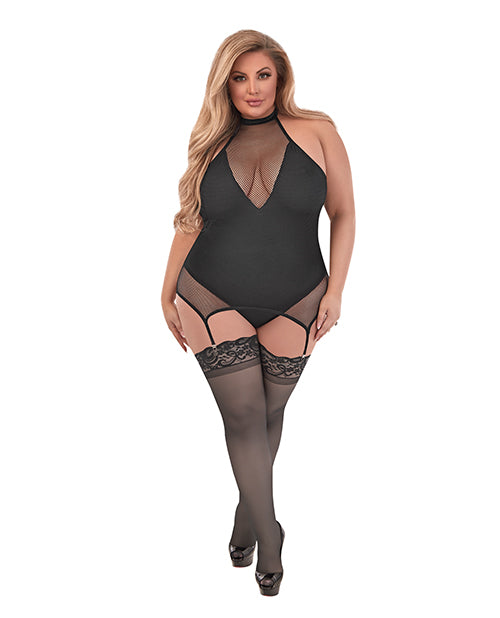 Exposed Sexy Time Fiona Halter Merry Widow Teddy w/Split Crotch Black QN