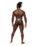 Male Power Snaked Metallic Coated Shoulder Sling Harness Thong Silver/Black L/XL - Image 2