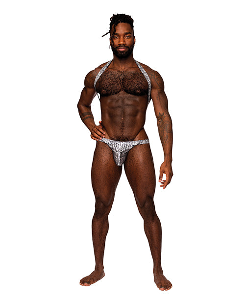 Male Power Snaked Metallic Coated Shoulder Sling Harness Thong Silver/Black S/M