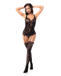 Mapale Floral Fishnet Bodice w/Attached Garters & Thigh High Stockings Black O/S