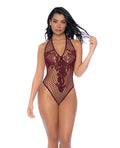 Mapale Floral Convertible Top Fishnet Bodysuit - Burgundy O/S