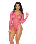 Mapale Fishnet Long Sleeve High Leg Bodysuit - Neon Pink O/S - Image 2