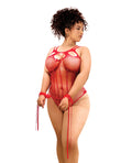 Mapale Fishnet Bodysuit w/Rhinestone Details & Cuffs - Red QN