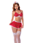 Not Regular Toys Nurse Mesh Lace-Trim Bralette, Flared Mini Skirt, Thong & Headpiece - Red/White L/XL - Image 4