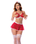 Not Regular Toys Nurse Mesh Lace-Trim Bralette, Flared Mini Skirt, Thong & Headpiece - Red/White L/XL - Image 2