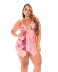 Mapale Floral Printed Mesh Babydoll w/Convertible Straps & G-String 2 pc Set - Pink 1X/2X