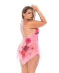 Mapale Floral Printed Mesh Babydoll w/Convertible Straps & G-String 2 pc Set - Pink 1X/2X - Image 2