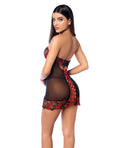 Mapale Untamed Floral Embroidered Underwire Babydoll w/Back Lace Up Detail & G-String - Black/Red XL - Image 2