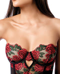 Mapale Untamed Floral Embroidered Underwire Babydoll w/Back Lace Up Detail & G-String - Black/Red XL - Image 4