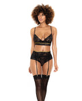 Mapale Lace Underwire Bra, Thong & Garterbelt w/Lace Up Detail Black S/M