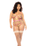 Mapale Floral Embroidered Teddy w/Underwire Cup & Garters Pink 1X/2X
