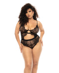 Mapale Floral Lace & Mesh Underwire Teddy w/Keyhole Details Black 3X/4X