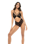 Mapale Lace & Mesh Teddy w/Front Clasp & Lace Up Back Black S/M