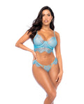 Mapale Scallop Lace and Mesh Underwire Bra w/Thong 2 pc Set - Light Blue L/XL