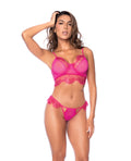 Mapale Scallop Lace and Mesh Underwire Bra w/Thong 2 pc Set - Pink S/M