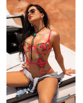 Mapale Seductive Garden Floral Mesh Teddy w/Attached Garters - Multi-Color S/M - Image 3